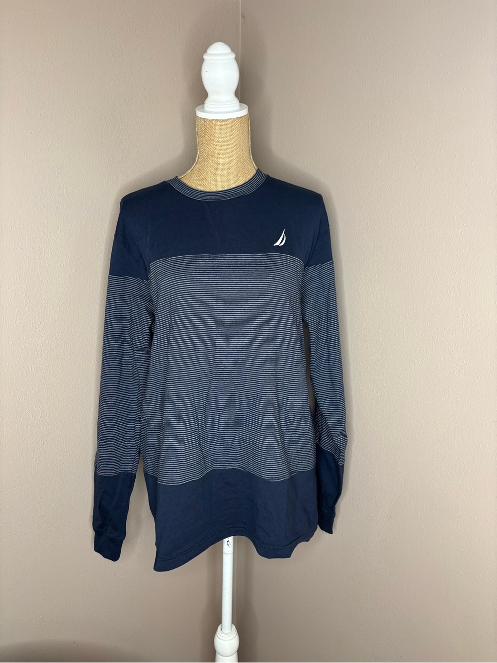Nautica Navy & White Striped Long-Sleeve 100% Cotton Crewneck Sz Medium